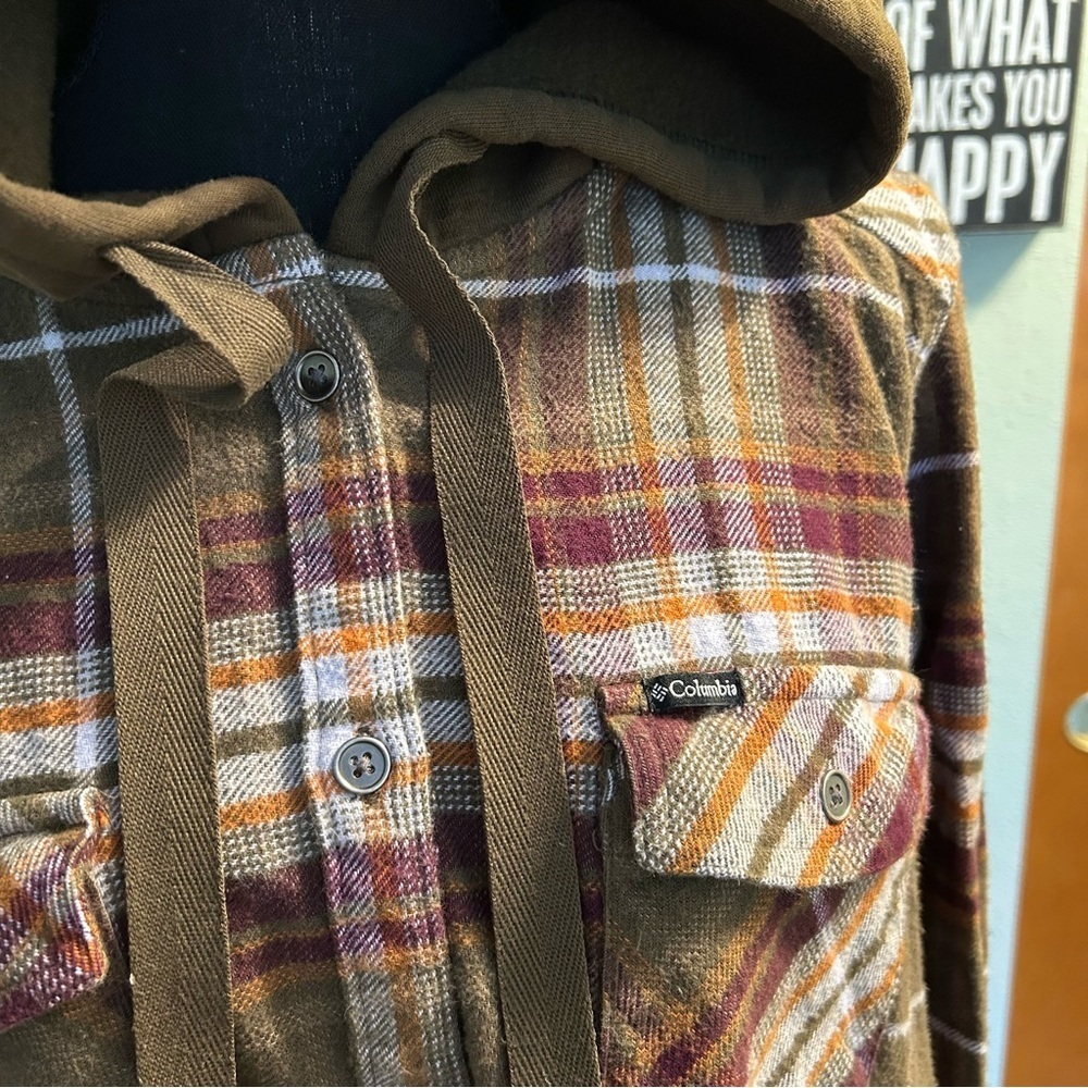 Columbia brown plaid flannel shacket with hood size XL gorpcore outdoors grunge - Picture 5 of 9